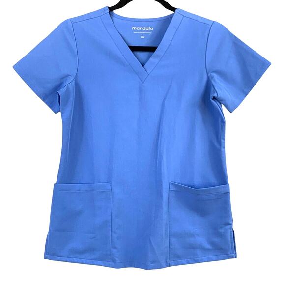 Mandala Medical Scrub Top Womens XXS Blue V Neck Short Sleeve Front Pockets - Picture 1 of 9